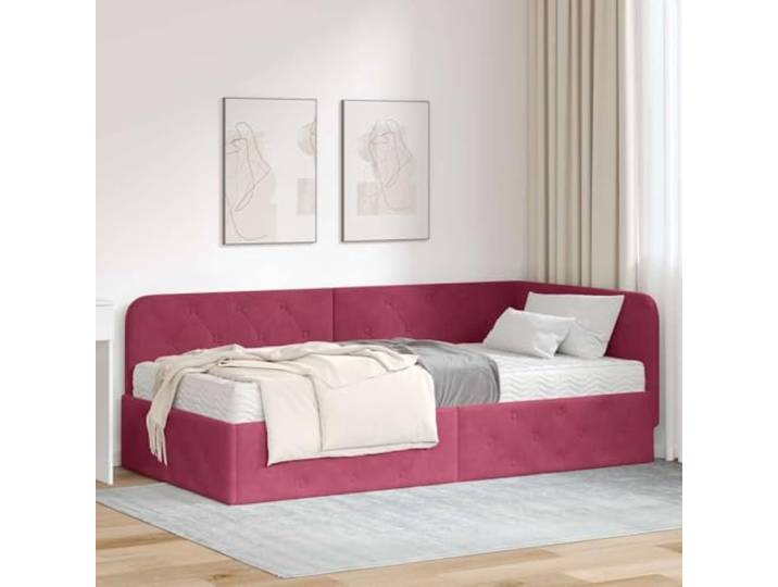 KTHLBRH Eckbett Samt Weinrot 90 x 200 cm Platzsparendes L-Design, umkehrbares Kopfteil, Sofabett, Struktur aus Sperrholz