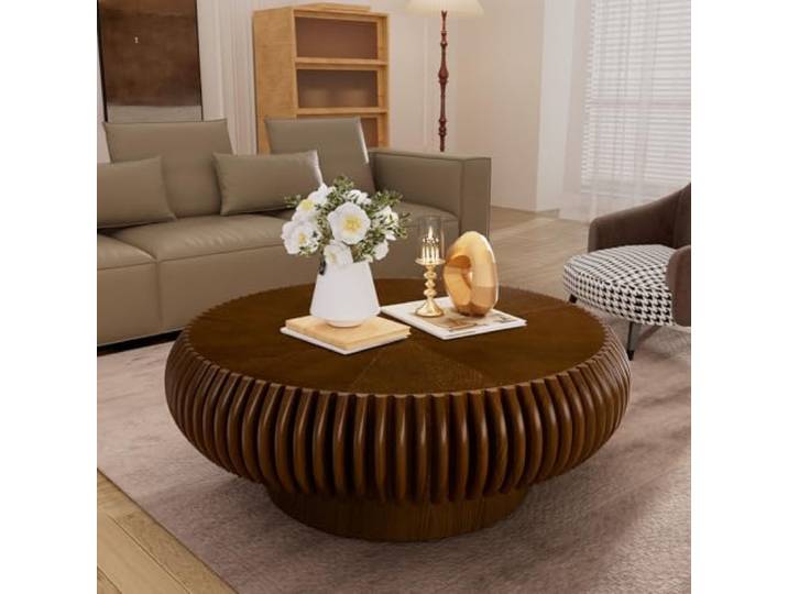Moderner Runder Holz-Couchtisch Geriffelte Trommel-Form, Walnut 80cmx35cm Minimalistischer Niedriger Runder Mittel- Und Beistelltisch Für Wohnzimmer, Wohnung, Büro Und Kleine Räume