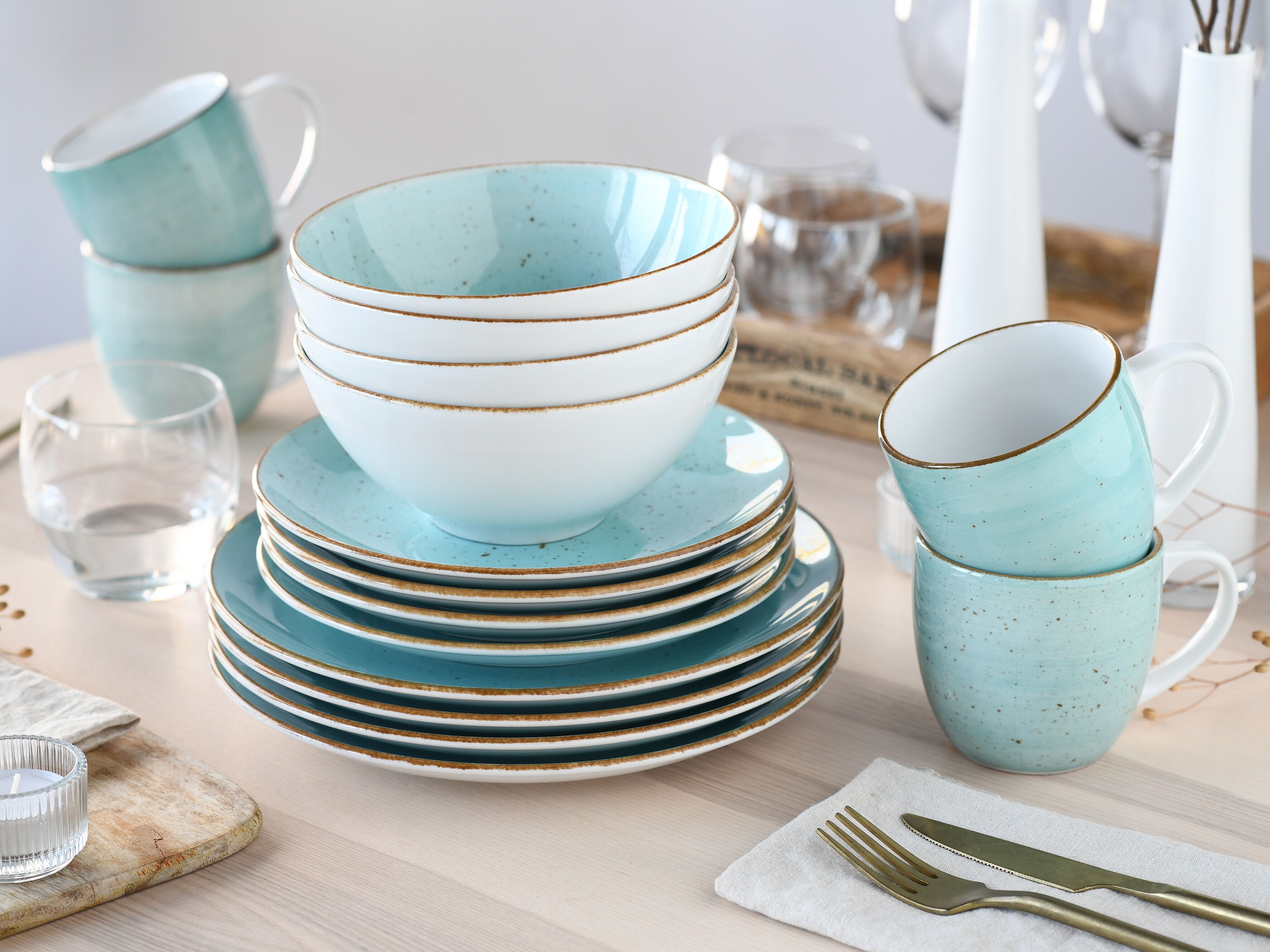 Kombiservice CREATABLE "Vintage Nature, Service 16-tlg.", blau (aqua), 16, Porzellan, Geschirr-Sets, Kombiservice, Naturverbundenes Design, Handgemalt
