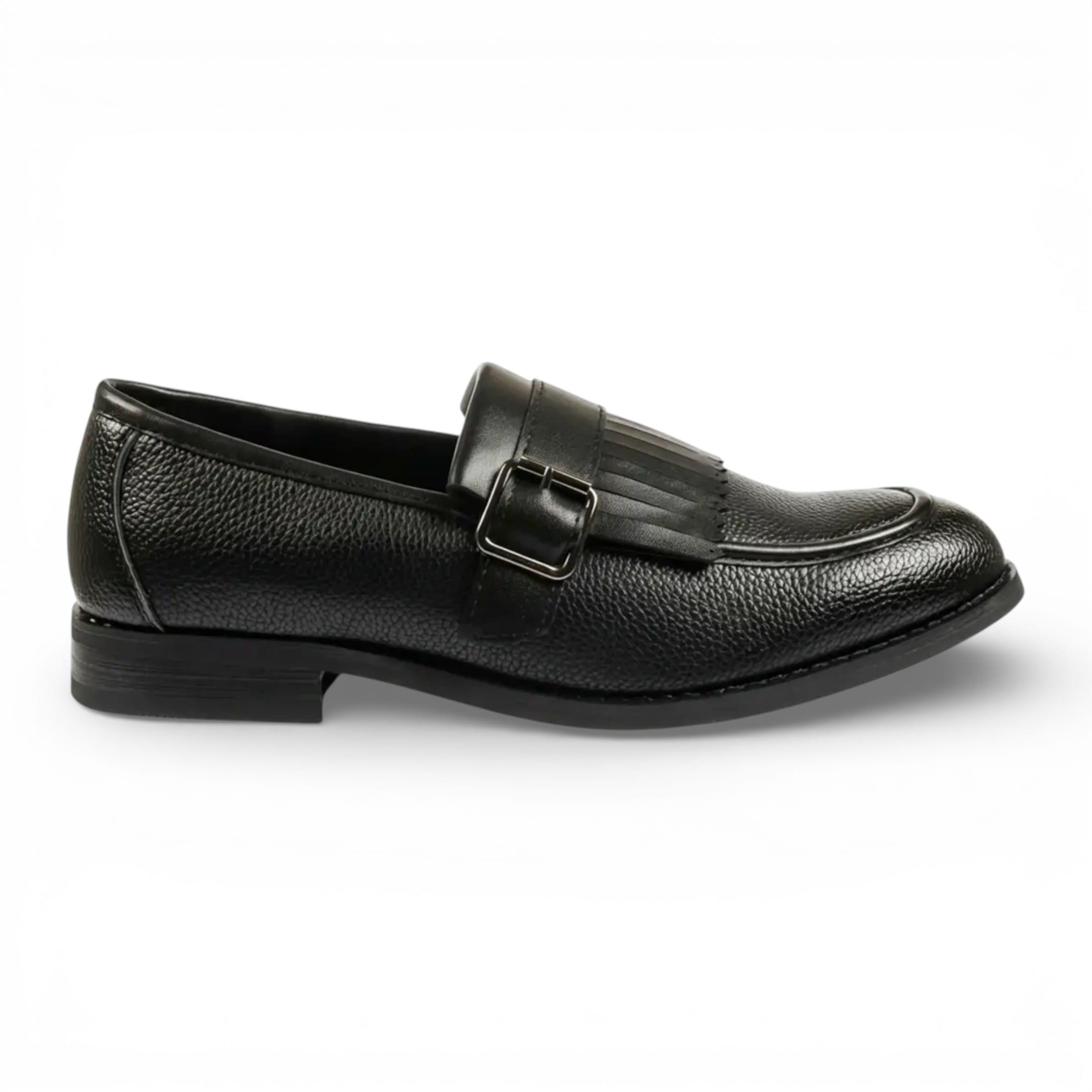 Schwarze Herren-Slipper aus Kunstleder mit Fransen und Monk-Strap-Verschluss