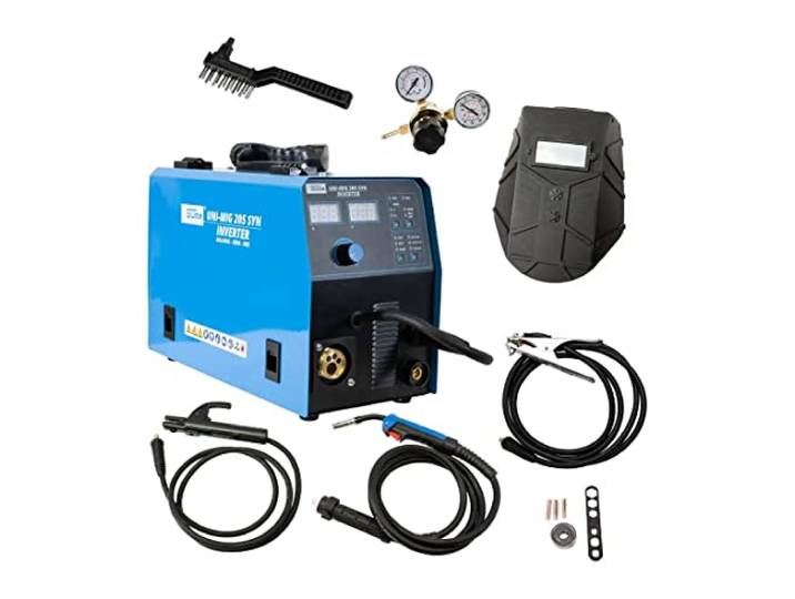 Güde Universalschweissgerät Uni-Mig 205 SYN (230 V, 4 in 1, 200 A max. Schweißstrom, 20-200 A Regelbereich, inkl. Elektrodenhalter, Schlauchpaket, Masseklemme, Druckminderer, Schweißwagen, etc.)