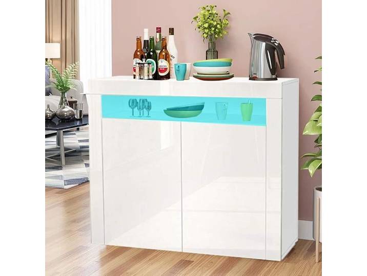Dripex Buffet Bas LED Armoire de Rangement Contemporain Blanc Façade Brillante pour Salon/cuisine/Salle à Manger 2 Portes L108
