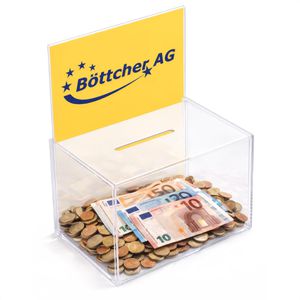 Böttcher-AG Spendenbox Acryl, transparent, 22,5 x 31 x 17 cm, mit Einstecktafel A4
