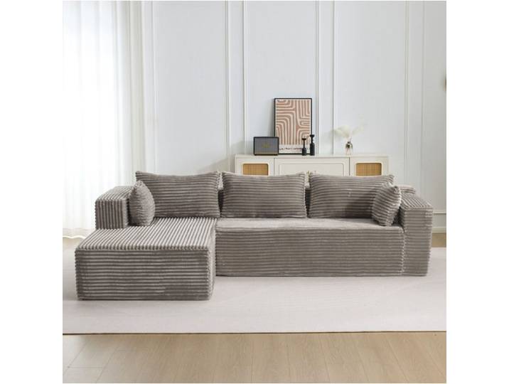 Canapé D'Angle Modulable En Corduroy Gris Canapé Compressé FloraGrace Pour Salon Livré Monté 279x179x83cm