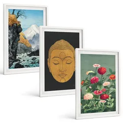 BILDER SET 3er Set - 40x60 cm Weißer Rahmen - Japanische Natur, Japandi-Kultur