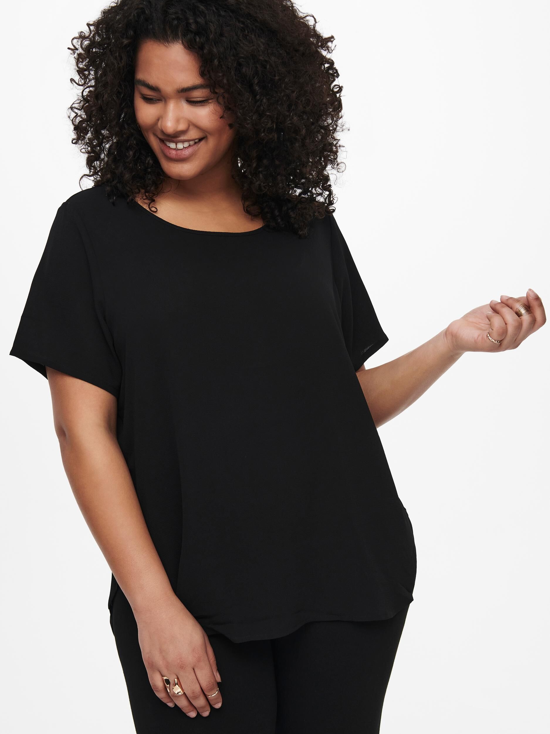 Shirtbluse ONLY CARMAKOMA "CARVICA SS TOP WVN NOOS", Damen, Gr. 46, schwarz, Web, Obermaterial: 97% Polyester, 3% Elasthan, unifarben, regular fit normal, Rundhals, Blusen Shirtbluse, Materialmix, regular fit schwarz 46