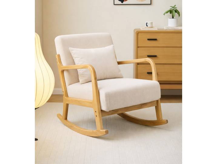 Rocking chair en bois massif et tissu beige