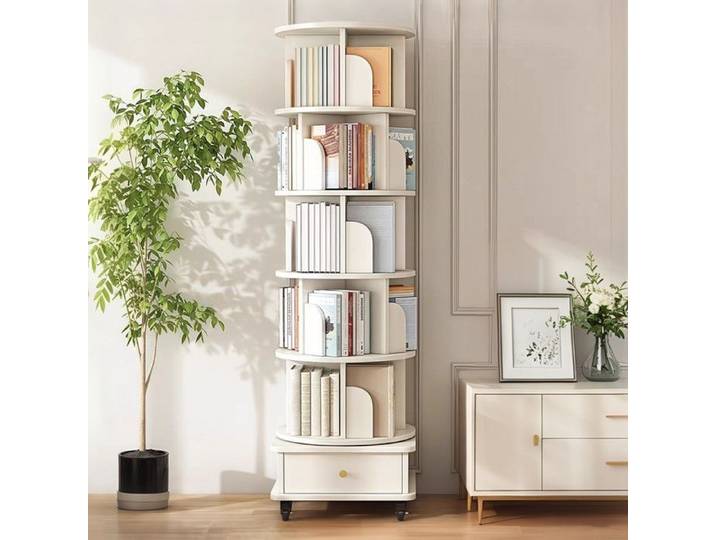 Bibliothèque Tournante 360° - Meuble Rangement Rond - Roulettes Multidirectionnelles et Tiroir - Gain de Place - Blanc pour salon