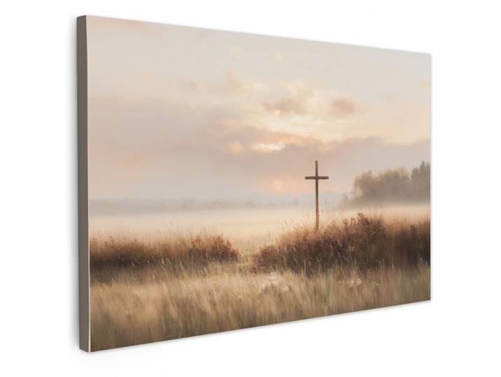 LEINWANDBILD Gras - Morgennebel - Kreuz - Christentum Gemälde 60x40 cm