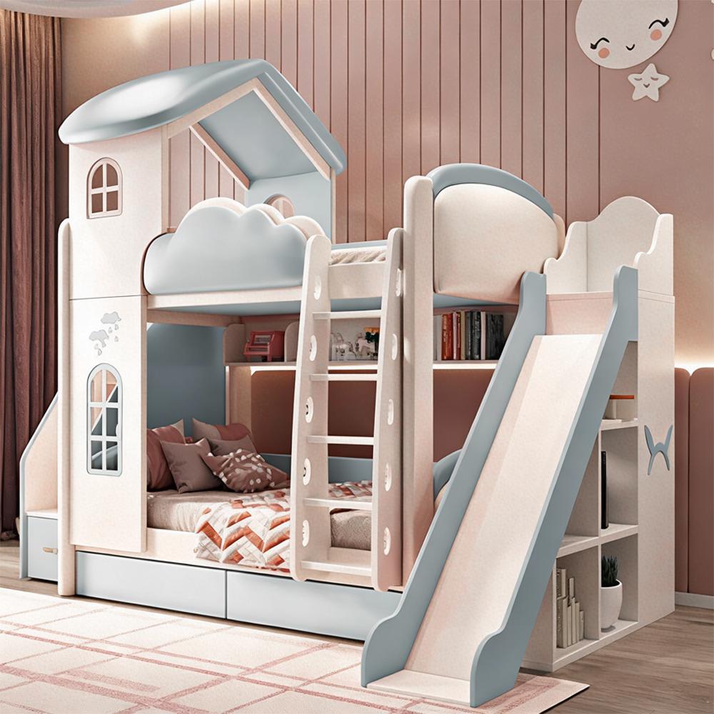 Hochbett Etagenbett mit Leiter, Matratzen und Schubladen - Kinderbett, Kinderzimmer Möbel, Stufen mit Stauraum+rutschen Blau 1200*1900mm