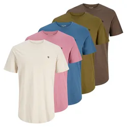 JACK&JONES Herren T-Shirt, 5er Pack - JPRBLABRODY TEE CREW NECK 5PK, Kurzarm, Rundhals, Baumwolle Braun/Blau/Rosa / S