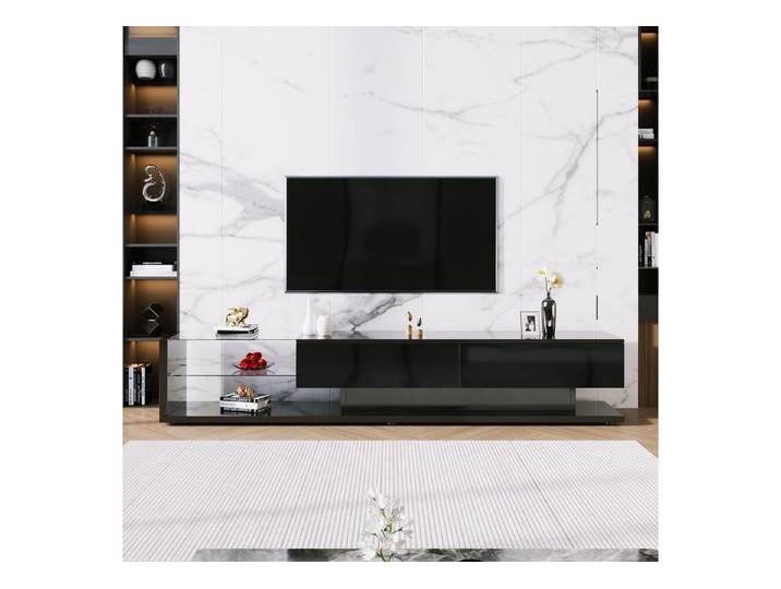 OKWISH Lowboard Vitrine mit variabler LED-Beleuchtung & Glastrennwänden (Packung, Für die ansprechende Präsentation Ihrer Sammlerstücke), 170x38x36 cm in Schwarz Hochglanz, mit praktischen Schubladen