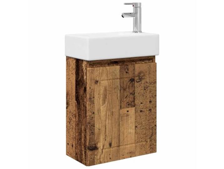 PUGYNBK Badezimmermodul mit Armatur, Einbauwaschbecken, Holz Wandmontage, wendbare Türen, Kalt- und Warmwasserhahn, weiße Keramik
