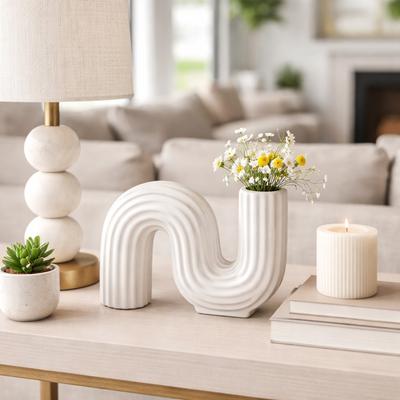 Sagebrook Home Decorative Vase - White Ceramic Geometric Loopy Ribbed, 6 in