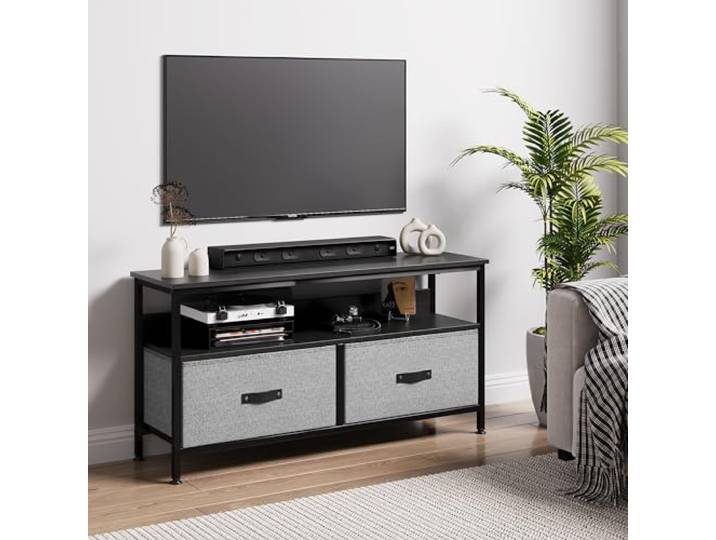 GarveeMore TV-Möbel mit 2 Stoffschubladen, TV-Bank für Fernseher bis 50 Zoll, TV-Schrank aus Holz mit Schubladen und Regalen, für Wohnzimmer, Schlafzimmer, Dekoration, Schwarz
