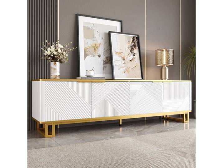 Meuble TV design bas 4 portes - Texture géométrique unique - Style contemporain pour salon