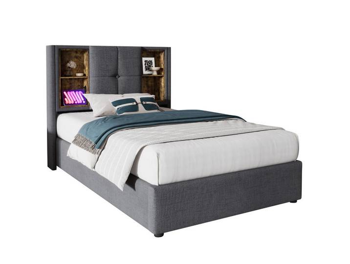 Okwish Polsterbett 90/200 cm Grau mit Kabellosem Laden und USB-Anschlüssen, 90x200 cm, Schlafzimmer, Betten, Polsterbetten