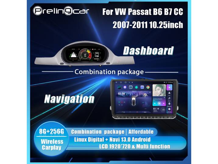 Prelingcar 10.25 Lcd tableau de bord numérique pour VW Passat B6 B7 CC 2007-2011 lecteur Android Radio Navigation Paneel Cockpit