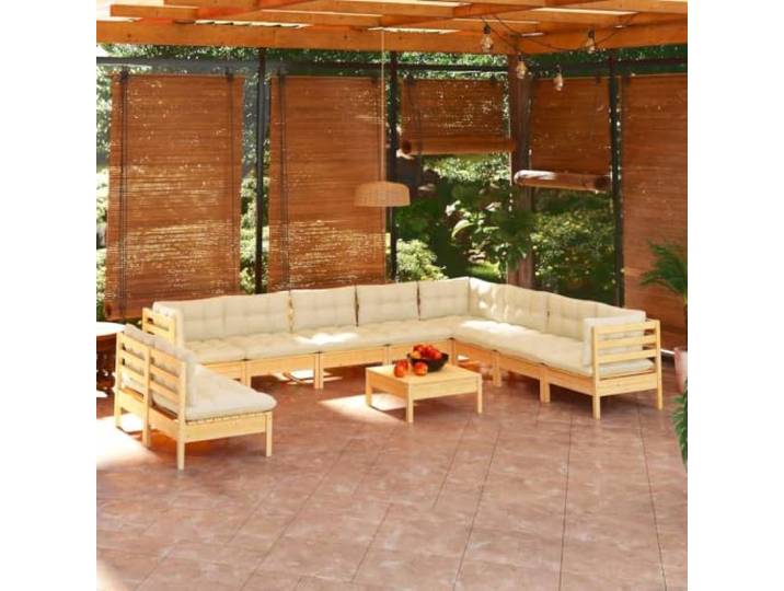 WDGJJFECNMUEHI Bois de pin massif modulable 11 Pieces crème Salon de jardin 11 pieces avec coussins creme bois de pin massif, canape modulaire exterieur avec repose-pieds, ensemble