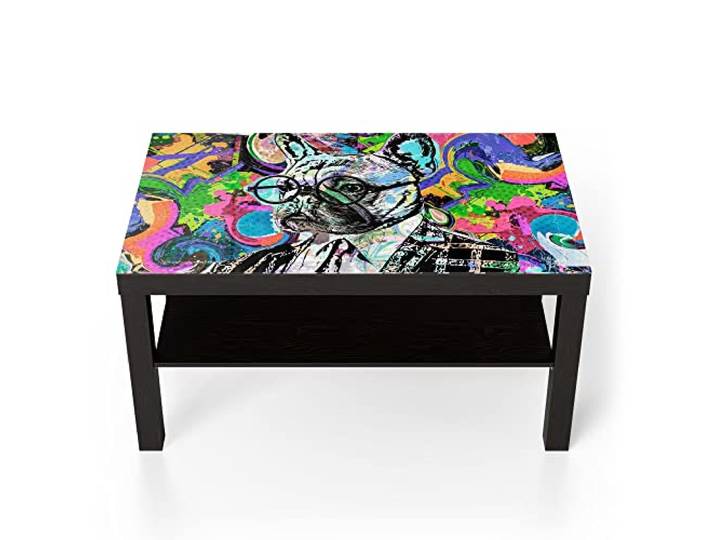 DEQORI Glastisch schwarz groß 90x50 cm Motiv Hund als Anzugträger ausgefallener Beistelltisch aus Glas Hochglanz Couchtisch fürs Wohnzimmer moderner Couch Tisch mit Design