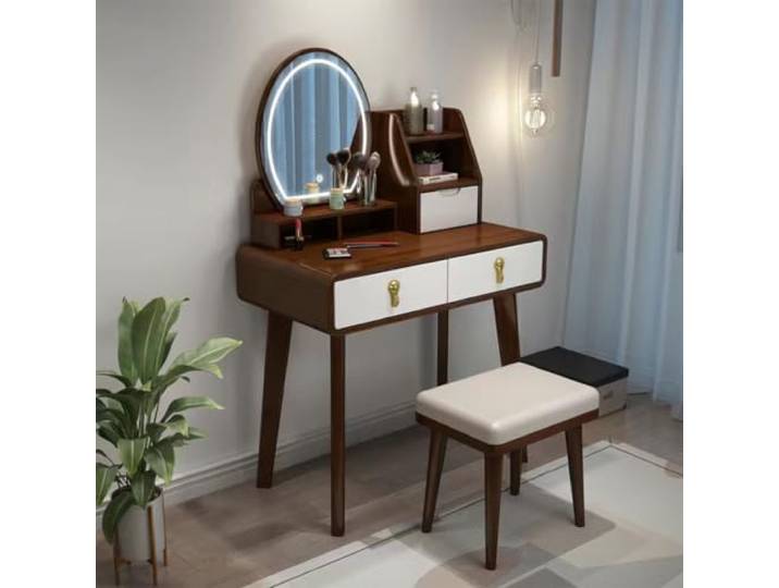 Schminktisch mit LED-Spiegel und Hocker, Massivholz-Make-up-Tisch Massivholz-Konstruktion, Smart-Touch-LED, Großer Stauraum, Inklusive Hocker(D,46.9in*27.6in*15.7in)