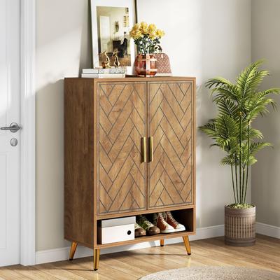 1Easylife Walnut Shoe Cabinet, 6-Tier Wooden Shoe Organizer with Stable Leg
