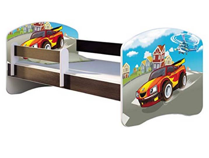 ACMA Kinderbett 160x80 Jugendbett mit Matratze, Farbe Wenge, Rausfallschutz Lattenrost II Spielbett Kinderzimmer Möbel, 03 Racing Car