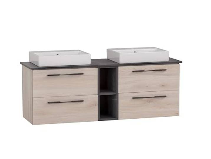 Schildmeyer Waschtisch Doppelwaschtisch Maxim 701848, eckiges Aufsatzbecken, sandeiche Dekor/Marmor Optik