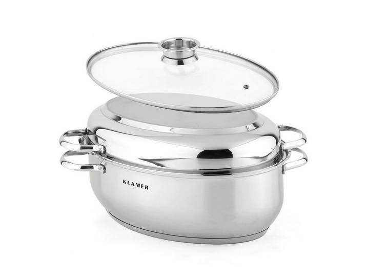 KLAMER Bräter 38 cm, backofengeeignet, 8,5L XXL Bräter mit Deckel, mit 4L Deckelpfa…, Edelstahl, Güteglasdeckel, tropffrei abgießen