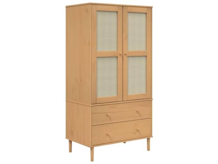 HBBMGYD SENJA Kleiderschrank, Rattanoptik, Braun, massives Kiefernholz 2 Schubladen, 4 Fächer mit Türen, Polyrattan, Wandbefestigung im Lieferumfang enthalten, Schlafzimmer
