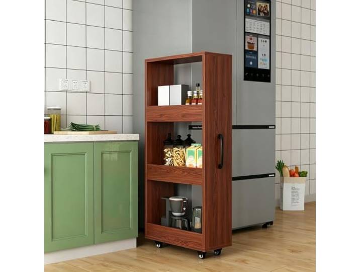 Schmaler Rollwagen für Nischen, Küchenregal mit 7 Ebenen, Platzsparendes Stabiles Holzmaterial,vielseitige Aufbewahrung, Mobiles Regal Aus Holz Für Küche(Red,120x45x25cm)
