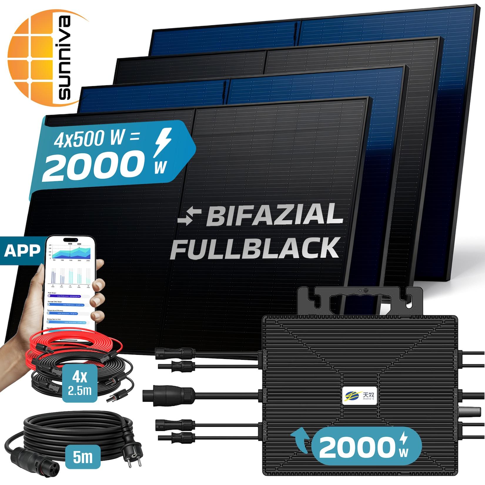 SUNNIVA® 2000W Balkonkraftwerk BIFAZIAL FULLBLACK komplett Steckdose ASTRO-E 2000 Watt Wechselrichter, Solaranlage Komplettset, 4x500W N-Type Glas Bifacial Solarmodule, 5m Kabel,4x2.5m Solarkabel