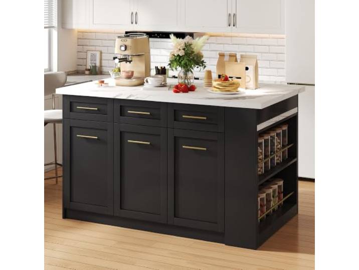 BXEYXE Multifunktionale Kücheninsel mit 150cm+96cm, schwarzen ausziehbarer Esstisch, Weißes marmorierte Holzarbeitsplatte/Tisch, integrierte Stauschränke, ideal für Familienküchen, Potluck Dinners