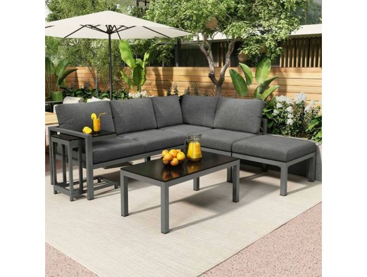 Mobilier jardin Salon bas 5 pièces couleur gris pour balcon et terrasse structure aluminium anticorrosion coussins 9 cm