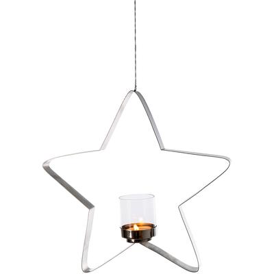 Teelichthalter FINK "STACEY", silber (silberfarben), H:41cm Ø:40cm, Edelstahl, Glas, Kerzenhalter, Teelichthalter, Hängewindlicht, sternförmig, aus Edelstahl