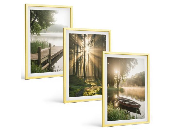 BILDER SET 3er Set - 40x60 cm Goldrahmen - See, Wald, Boot, Morgennebel