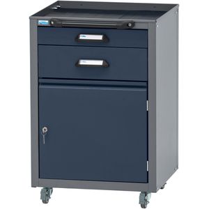 Küpper Rollcontainer 12013, aus Metall, grau / blau, mit 2 Schubladen, 1 Tür & Griff, abschließbar