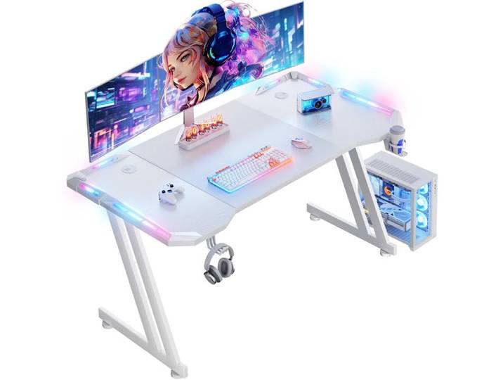 HLONONE Bureau Gaming LED 120 x 60cm Bureau Gamer avec Tapis de Souris Porte-gobelet et Crochet pour Casque Blanc