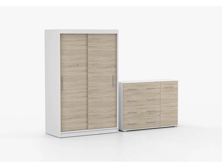 Schwebetürenschrank und Kommode 2er-Set NEOMI 04/FRIDA 02 Weiß Sonoma Eiche