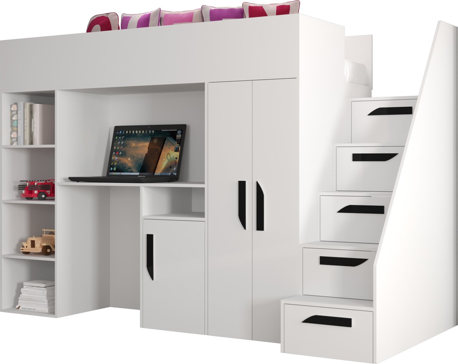 Etagenbett für Kinder Party 14 Stockbett mit Treppe und Bettkasten (Weiß + Weiß Glanz + schwarze Griffe)