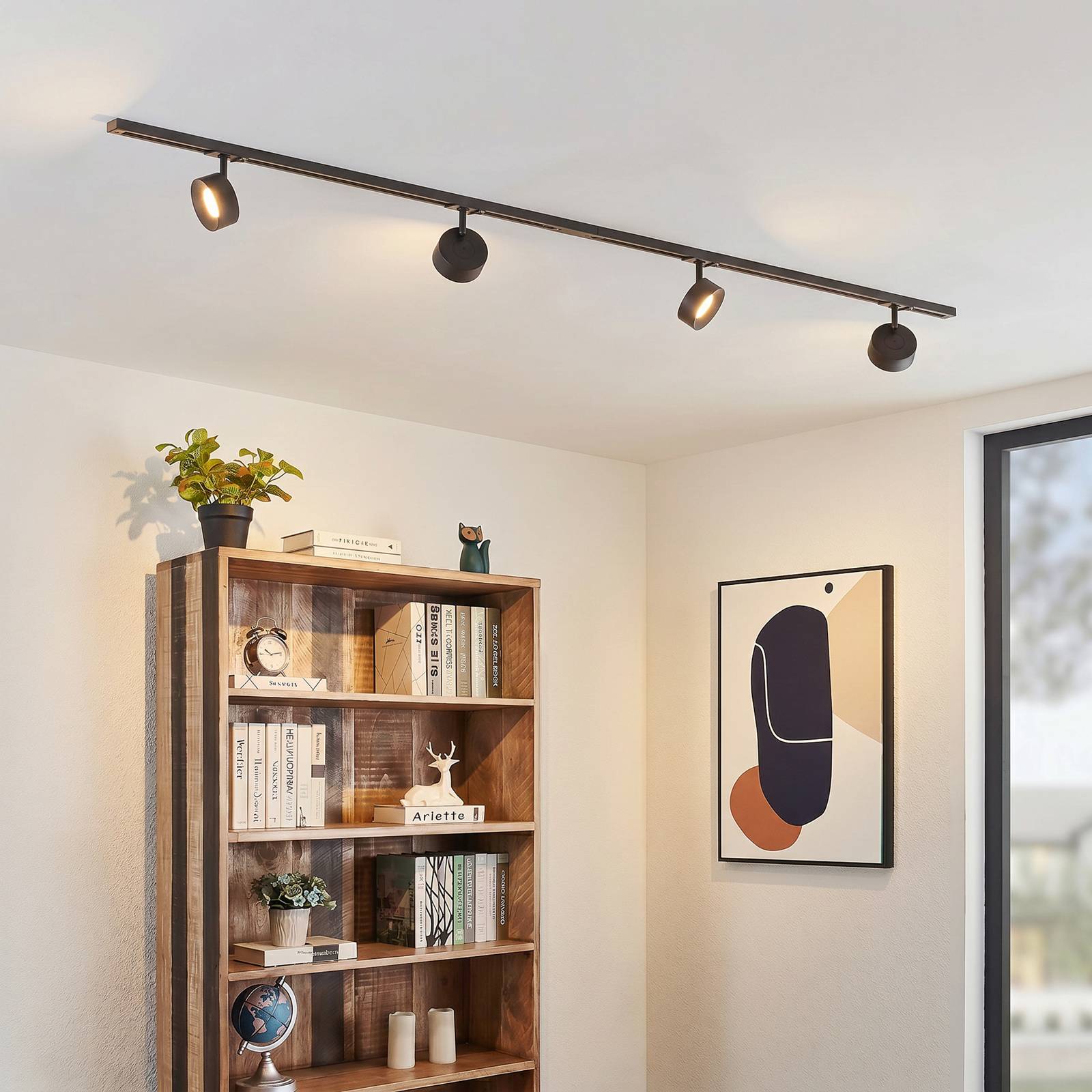 Lindby Schienensystem Linaro, Ø 9,5 cm, 4-flg., LED, schwarz Linaro, schwarz, für Arbeitszimmer / Büro, Aluminium, Modern