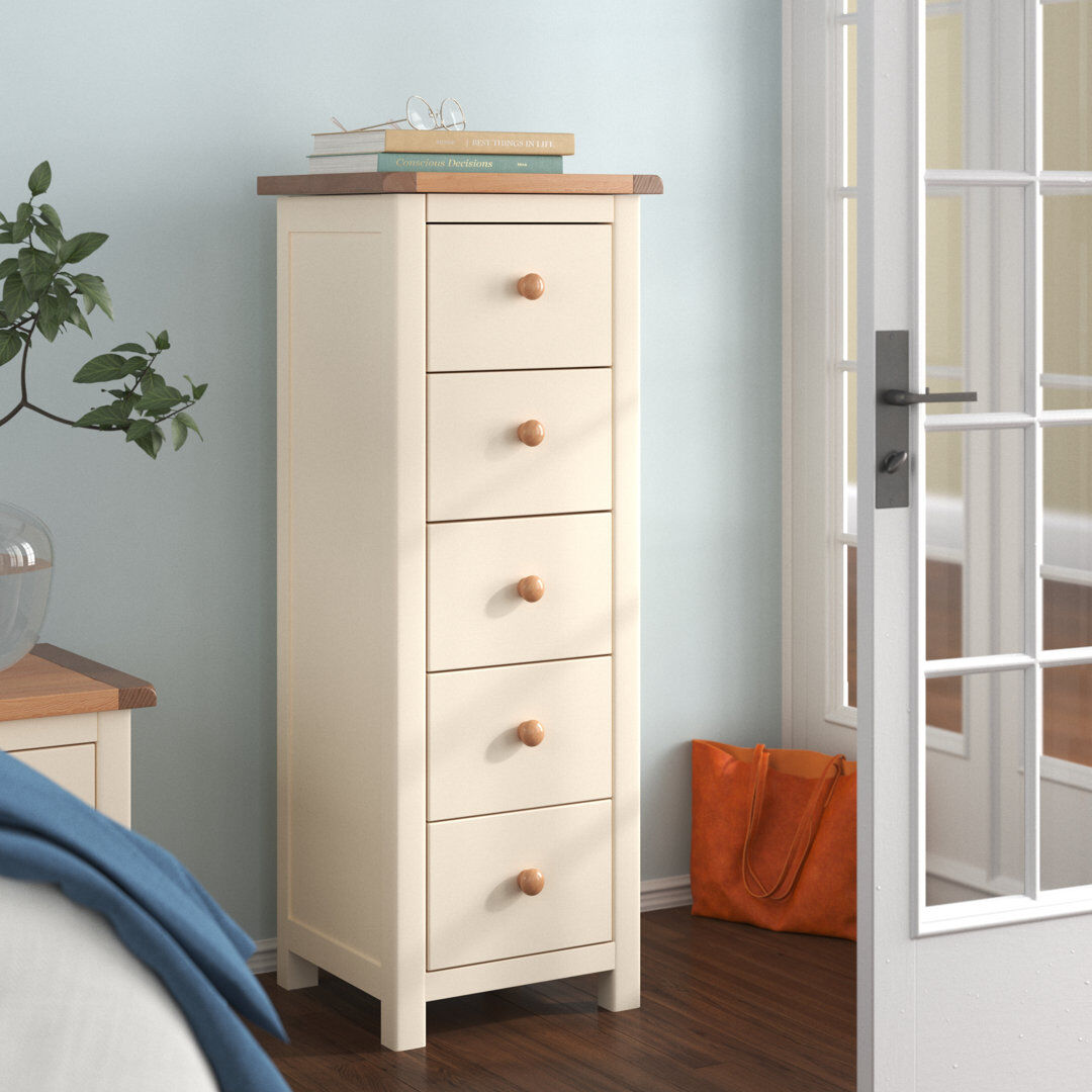 Three Posts Pompey 5 Drawer 45Cm W Solid Wood Tallboy Off-White 115cm H X 45cm W X 40cm D