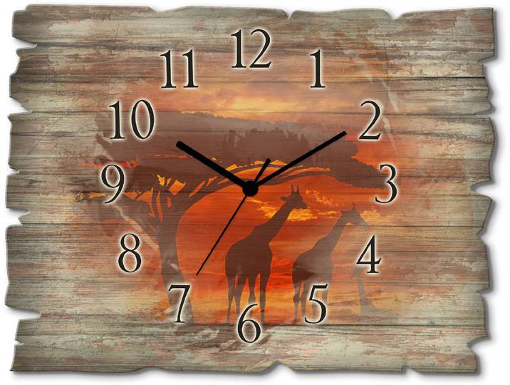 Wanduhr ARTLAND Herde von Giraffen im Sonnenuntergang , braun, B:40cm H:30cm T:0,6cm, Wanduhren, Wanduhr, wahlweise mit Quarz- oder Funkuhrwerk, lautlos ohne Tickgeräusche