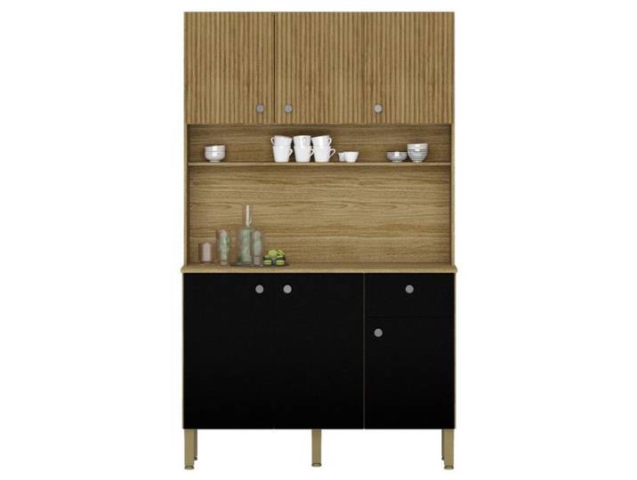 Buffet de Cuisine - STYLE - 6 Portes - 1 Tiroir - Imitation Bois Exotique - Noir