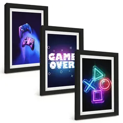 BILDER SET 3er Set - 20x30 cm Schwarzer Rahmen - Game Over Gamepads