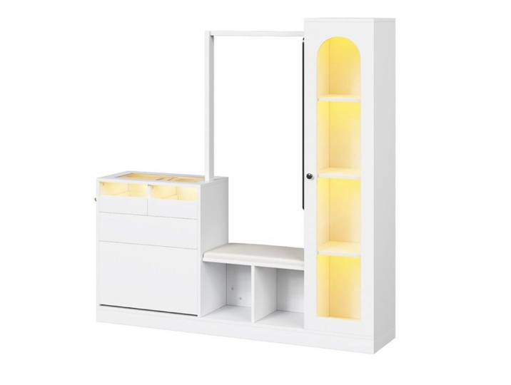 Meuble Entrée 6en1 LED-Garde-robe Coiffeuse Banc-Verre Éclairage Coloré-Design Fonctionnel Moderne-Pour Hall d'Entrée Compact
