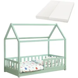 Juskys Kinderbett Marli 80 x 160 cm mit Matratze, Gitter, Lattenrost & Dach - Bett Mint
