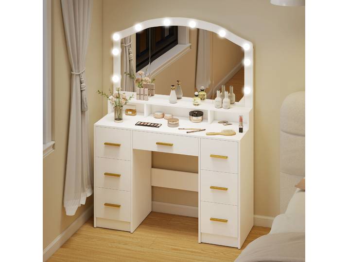 HOMCOM Coiffeuse LED Blanc Miroir 7 Tiroirs 3 Compartiments
