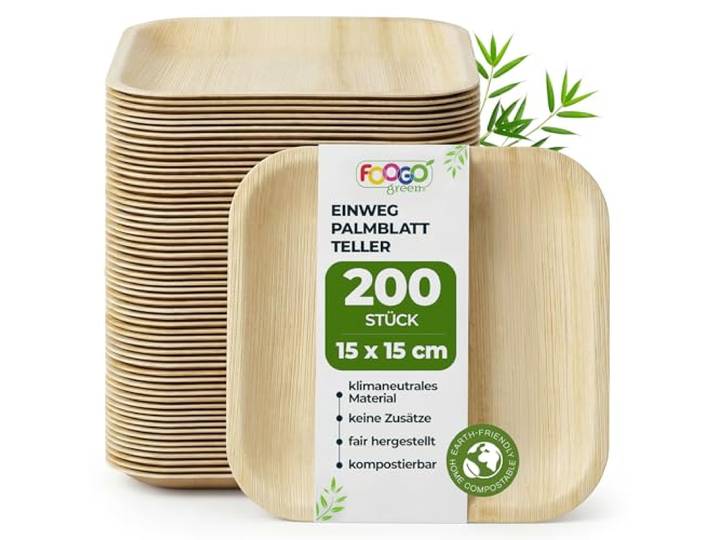FOOGO Green Palmblatt-Teller eckig 200 Stück 15x15 cm Einweggeschirr kompostierbar & naturbelassen – extra stabil & fettresistent – nachhaltiges Einweggeschirr für Party & BBQ