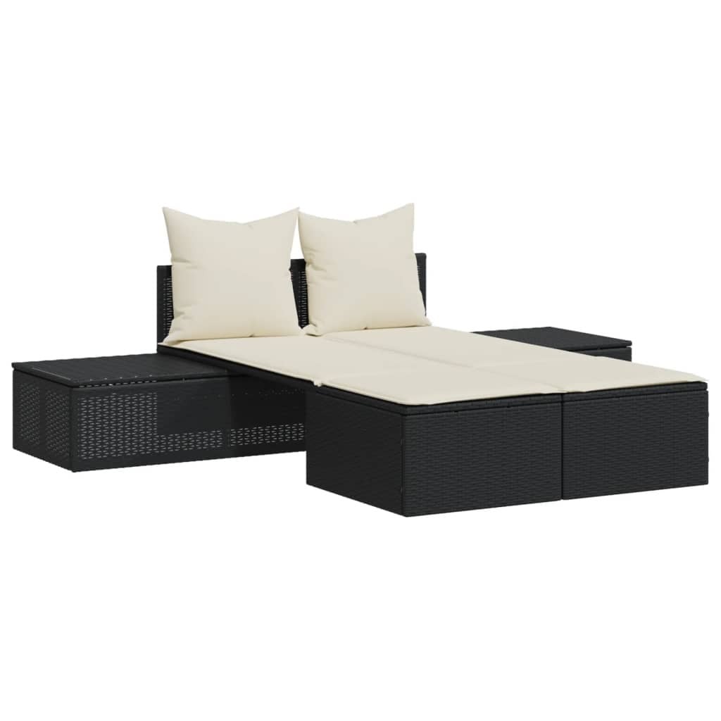vidaXL Dubbele ligbed met kussen, zwart, van polyrotan